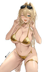 Rule 34 | 1girl, absurdres, alternate costume, barefoot, bikini, blonde hair, blush, breasts, collarbone, commentary, cropped legs, double v, elvandec, eyewear on head, fang, goddess of victory: nikke, gold bikini, green eyes, gyaru, hair intakes, highres, large breasts, long hair, looking at viewer, navel, one eye closed, open mouth, rupee (nikke), shiny skin, simple background, smile, solo, squatting, sunglasses, swimsuit, thigh strap, toes, v, white background