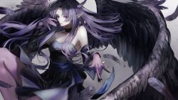 Rule 34 | 1girl, absurdres, bare shoulders, black nails, breasts, choker, cleavage, colored skin, commission, detached sleeves, dress, duel monster, falling feathers, feathered wings, feathers, fingernails, gradient skin, hand up, highres, leg up, medium breasts, night wing sorceress, pale skin, parted lips, pointy ears, purple eyes, purple hair, purple skin, safutsuguon, skeb commission, solo, wings, yu-gi-oh!