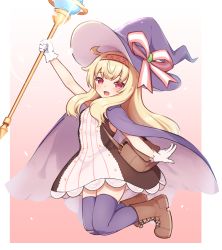 Rule 34 | 1girl, :d, absurdres, ankle boots, bag, blonde hair, blush, boots, border, brown dress, brown footwear, cape, dress, gloves, gradient background, hairband, hand up, hat, hat ribbon, highres, holding, holding wand, klaius, leotard, little witch nobeta, long hair, looking at viewer, nobeta, open mouth, pink background, pink ribbon, purple cape, purple headwear, purple leotard, purple thighhighs, red eyes, ribbon, shoulder bag, skindentation, smile, solo, thighhighs, two-tone dress, wand, white border, white dress, white gloves, witch, witch hat