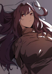 Rule 34 | 1girl, absurdres, breasts, expressionless, fate/grand order, fate (series), hair intakes, highres, hu tu, large breasts, long hair, long sleeves, looking at viewer, lying, pillow, purple hair, red eyes, scathach (fate), solo, sweater, very long hair