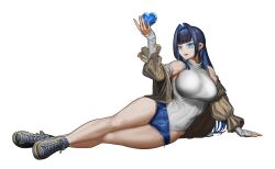 Rule 34 | 1girl, anniversary, arm support, blue eyes, blue hair, blunt bangs, breasts, commentary, crystal, denim, denim shorts, english commentary, fang, full body, guls, hair intakes, heart, highres, hololive, hololive english, large breasts, leotard, long hair, looking at viewer, lying, on side, open mouth, ouro kronii, ouro kronii (casual), short shorts, shorts, simple background, skin fang, solo, tongue, virtual youtuber, white background