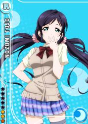 Rule 34 | 10s, 1girl, arm behind back, blue background, blush, bow, bowtie, card (medium), cardigan vest, character name, green eyes, hair ornament, hair scrunchie, hand to own mouth, layered clothes, long hair, looking at viewer, love live!, love live! school idol festival, love live! school idol project, low twintails, moon, official art, otonokizaka school uniform, plaid, plaid skirt, pleated skirt, purple hair, red bow, school uniform, scrunchie, short sleeves, skirt, smile, solo, standing, star (symbol), thighhighs, tojo nozomi, twintails, vest
