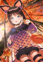Rule 34 | 1girl, animal ears, autumn, autumn leaves, bad perspective, blue eyes, blush, choker, commentary, falling leaves, fang, fox ears, frills, from below, halloween, hand up, highres, holding, kinty, leaf, long hair, looking at viewer, maple leaf, nail polish, open mouth, orange nails, original, pumpkin, pumpkin pants, short shorts, shorts, slit pupils, smile, solo, spiked choker, spikes, thigh strap, twintails, very long hair