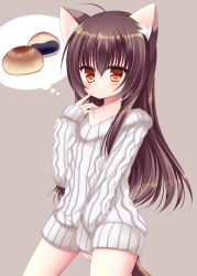 Rule 34 | 1girl, :o, ahoge, animal ears, anpan, aran sweater, between legs, blush, brown background, brown eyes, brown hair, cable knit, cat ears, cat girl, cat tail, collarbone, commentary request, cowboy shot, fingernails, food, hair between eyes, hand between legs, long hair, long sleeves, original, parted lips, shikito (yawa0w0), simple background, sleeves past wrists, solo, sparkle, sweater, tail, very long hair, white sweater