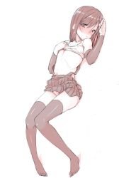 Rule 34 | 10s, 1girl, asashio (kancolle), black thighhighs, blush, brown eyes, brown hair, clothes lift, detached sleeves, female focus, flat chest, full body, kantai collection, kurokuro, long hair, looking at viewer, monochrome, navel, panties, shirt lift, skirt, solo, thighhighs, underwear, white background