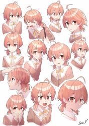 Rule 34 | :o, absurdres, ahoge, expressions, hand on another&#039;s head, hand on own face, highres, koito yuu, leria v, low twintails, orange hair, school uniform, short twintails, solo, sweatdrop, twintails, upper body, yagate kimi ni naru