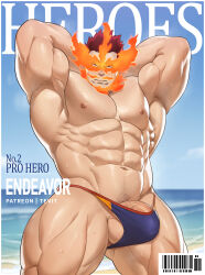 Rule 34 | 1boy, abs, absurdres, arms behind head, bara, blue male swimwear, boku no hero academia, bulge, cloud, cover, day, endeavor (boku no hero academia), english text, erection, erection under clothes, facial hair, fake magazine cover, fire, highres, large pectorals, magazine cover, male focus, male swimwear, mature male, muscular, muscular male, navel, nipples, outdoors, pectorals, penis, penis peek, red hair, short hair, sky, solo, spiked hair, testicles, tevit (tevit15), thick thighs, thighs
