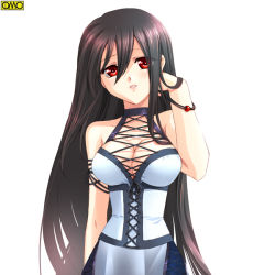 Rule 34 | 1girl, adjusting hair, black hair, bracelet, breasts, cleavage, corset, criss cross front, dress, front-tie top, jewelry, lace, large breasts, long hair, omc, original, red eyes, sleeveless, solo, very long hair, watermark