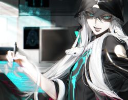 Rule 34 | 1boy, animal on arm, aqua eyes, asclepius (fate), au (d elete), chromatic aberration, crossed bangs, eyes visible through hair, fate/grand order, fate (series), gradient hair, hair between eyes, highres, holding, holding pen, holographic interface, hood, hood up, indoors, light particles, long hair, looking at viewer, male focus, monitor, multicolored hair, open mouth, pen, red hair, sanpaku, sidelocks, snake, solo, very long hair, white hair, white snake