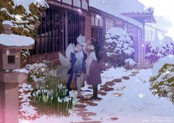 Rule 34 | 2girls, animal ears, architecture, black footwear, boots, bow, breath, building, east asian architecture, grass, hair bow, happy, high-waist skirt, highres, long hair, long sleeves, multiple girls, multiple tails, muromaki, original, outdoors, path, pink scarf, pleated skirt, profile, purple bow, purple skirt, road, sandals, scarf, short hair, skirt, snow, snowing, standing, tail, tree, watermark, web address, wide sleeves, wolf ears, wolf tail