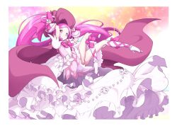 Rule 34 | 1girl, adapted costume, alternate costume, boots, bow, cape, commentary request, cure blossom, dress, eyelashes, frilled dress, frills, gradient background, hanasaki tsubomi, happy, hat, heartcatch precure!, high heel boots, high heels, high ponytail, highres, long hair, looking at viewer, magical girl, mahou girls precure!, matatabi (karukan222), pink bow, pink cape, pink dress, pink eyes, pink hair, pink ribbon, pink theme, ponytail, precure, puffy short sleeves, puffy sleeves, ribbon, short sleeves, smile, solo, very long hair, witch, witch hat, wrist cuffs