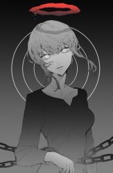 Rule 34 | 1girl, absurdres, chain, chainsaw man, collarbone, dark halo, drawing alpaca, eyelashes, gradient background, grey background, greyscale, hair between eyes, halo, highres, long hair, looking at viewer, makima (chainsaw man), monochrome, parted lips, red halo, ringed eyes, solo, spot color