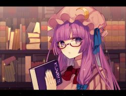Rule 34 | 1girl, bad id, bad twitter id, bespectacled, blue bow, blue nails, blue ribbon, blunt bangs, book, bookshelf, bow, bowtie, commentary request, crescent, crescent hair ornament, daimaou ruaeru, dress, glasses, hair bow, hair ornament, hat, hat ribbon, holding, holding book, letterboxed, looking at viewer, mob cap, nail polish, parted lips, patchouli knowledge, pink dress, pink hat, purple eyes, purple hair, red-framed eyewear, red bow, red bowtie, ribbon, solo, sparkle, touhou, upper body