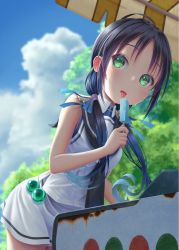 Rule 34 | 1girl, black sailor collar, blue hair, blue sky, cloud, cloudy sky, commentary request, cowboy shot, food, gradient hair, green eyes, hane yoshiyumi, highres, holding, holding food, kantai collection, long hair, low twintails, multicolored hair, popsicle, ribbon, sailor collar, school uniform, serafuku, skirt, sky, sleeveless, solo, suzukaze (kancolle), sweat, tongue, tongue out, tree, twintails, white skirt