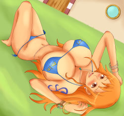 Rule 34 | 1girl, bikini, blush, breasts, brown eyes, cleavage, collarbone, female focus, highres, huge breasts, jewelry, long hair, lots of jewelry, lying, momo 765, nami (one piece), navel, necklace, on back, one piece, orange hair, smile, solo, swimsuit, tattoo, thighs