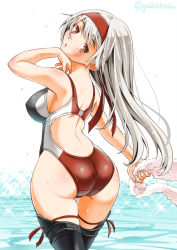 Rule 34 | 10s, 1girl, ass, brown eyes, competition swimsuit, from behind, hairband, highres, kantai collection, long hair, one-piece swimsuit, shoukaku (kancolle), sogabe toshinori, solo, swimsuit, thighhighs, towel, white hair