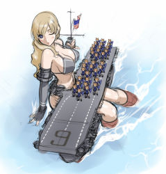 Rule 34 | 1girl, aircraft, aircraft carrier, airplane, american flag, bad id, bad pixiv id, bikini, blonde hair, blue eyes, blush, breasts, cleavage, elbow gloves, fingerless gloves, giant, giantess, gloves, large breasts, long hair, mecha musume, military, military vehicle, mini person, minigirl, one eye closed, original, sano toshihide, ship, solo, swimsuit, underboob, united states, uss enterprise (cv-6), uss enterprise (cv 6), warship, water, watercraft, wink