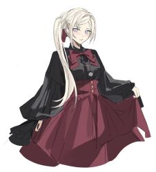 Rule 34 | alternate costume, blush, bow, bowtie, breasts, commentary, commission, dress, edelgard von hresvelg, english commentary, fire emblem, fire emblem: three houses, frilled dress, frills, hair over shoulder, hair ribbon, long hair, long sleeves, looking at viewer, looking to the side, medium breasts, multicolored clothes, multicolored dress, nintendo, parted bangs, parted lips, purple eyes, red bow, red bowtie, red ribbon, ribbon, shiinakojima, side ponytail, sketch, white hair, wide sleeves