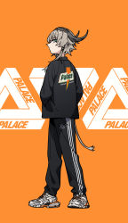 Rule 34 | 1girl, absurdres, arknights, black jacket, black pants, closed mouth, commentary, cow horns, english commentary, from side, full body, green eyes, grey hair, hands in pockets, highres, horns, jacket, logo, long sleeves, looking back, neonfloyd, orange background, palace (brand), pallas (arknights), pants, shoes, short hair with long locks, sneakers, solo, standing, tail, track jacket, track pants, track suit, twisted torso, white footwear