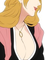 Rule 34 | 1girl, bad id, bad twitter id, bleach, blonde hair, breasts, cleavage, female focus, head out of frame, jewelry, large breasts, lipstick, long hair, makeup, matsumoto rangiku, mole, mole under mouth, necklace, simple background, solo, white background, yukin (es)
