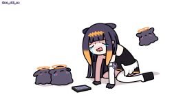 Rule 34 | 1girl, all fours, animal ears, black dress, black footwear, black gloves, blunt bangs, blush, cellphone, commentary, crying, d4dj, detached sleeves, dress, english commentary, fang, floating, flower knot, full body, gloves, gradient hair, halo, headpiece, highres, hololive, hololive english, long hair, low wings, miniskirt, mole, mole under eye, multicolored hair, nashi (na shi en), ninomae ina&#039;nis, okobo, open mouth, orange hair, orange skirt, phone, platform footwear, pointy ears, purple hair, sad, sandals, simple background, single sleeve, single thighhigh, skirt, smartphone, solo, strapless, strapless dress, takodachi (ninomae ina&#039;nis), thighhighs, tube dress, twitter username, two-tone hair, virtual youtuber, wavy mouth, white background, white thighhighs, wings