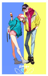 Rule 34 | 1boy, 1girl, a082, aqua hoodie, backpack, bag, baseball cap, black footwear, black headwear, blue background, blue pants, bob cut, border, casual, drawstring, eating, food, full body, glasses, hand in pocket, hand up, hat, heart, heart print, height difference, holding, holding food, hood, hood down, hoodie, ice cream, ice cream cone, jacket, leaning forward, long sleeves, looking at viewer, nanatsumori minoru, o-ring, off shoulder, open clothes, open jacket, pants, pink eyes, pink headwear, pink hoodie, pink shorts, protagonist (tokimemo gs4), sharing food, shoes, shorts, simple background, standing, standing on one leg, tokimeki memorial, tokimeki memorial girl&#039;s side 4th heart, triple scoop, two-tone background, unzipped, white footwear, yellow background, yellow jacket