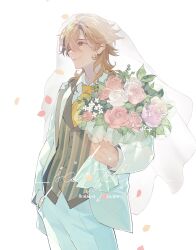 Rule 34 | 1boy, absurdres, blonde hair, bouquet, bridal veil, brown vest, chinese commentary, chinese text, closed mouth, ensemble stars!, falling petals, flower, grey eyes, hakaze kaoru, hand in pocket, highres, holding, holding bouquet, jacket, leaf, light smile, long sleeves, looking up, male focus, medium hair, necktie, pants, petals, pink flower, pink rose, plaid, plaid vest, profile, purple flower, purple rose, ririo, rose, sample watermark, simple background, solo, standing, veil, vest, watermark, white background, white flower, white jacket, white pants, white rose, yellow necktie