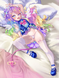 Rule 34 | 1girl, :3, absurdres, ahoge, angel wings, animal ear legwear, ankle strap, arm up, bed sheet, belly, blonde hair, blue dress, blue eyes, blue footwear, blue hair, blush, bow, breasts, brooch, cancer (constellation), commentary, constellation print, demon girl, demon horns, demon tail, detached wings, double bun, dress, emberlith, fang, footwear bow, frilled dress, frilled panties, frills, gluteal fold, grabbing own thigh, gradient hair, green hair, hair bun, hair ornament, hair ribbon, halo, heart, heart ahoge, heterochromia, highres, horns, indie virtual youtuber, jewelry, layered dress, leg up, lying, magical girl, mini wings, multicolored hair, naughty face, navel, nekomancer03, on back, on bed, panties, pillow, pink bow, pink hair, pointy ears, purple eyes, purple hair, rabbit ear legwear, ribbon, short dress, skindentation, sleeveless, sleeveless dress, small breasts, solo, star-shaped pupils, star (symbol), star hair ornament, starry sky print, stomach, string panties, symbol-shaped pupils, tail, thigh grab, thighhighs, thighs, two side up, underwear, v, virtual youtuber, white panties, white thighhighs, wings, yellow ribbon