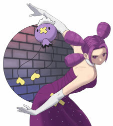 Rule 34 | 1girl, absurdres, bare shoulders, breasts, brick wall, closed mouth, commentary request, creatures (company), dress, drifloon, elbow gloves, eyelashes, fantina (pokemon), game freak, gen 4 pokemon, gloves, grey choker, highres, leaning forward, long hair, nintendo, pokemon, pokemon (creature), pokemon dppt, purple dress, purple eyes, purple hair, quad tails, smile, urin (littleurin), white gloves