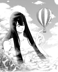 Rule 34 | 1boy, 1girl, apple (luffy123), balloon, birds, cloud, fog, forest, giant, giantess, long hair, monochrome, nature, nude, size difference, sky, smile