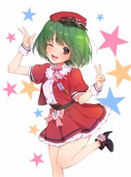 Rule 34 | 1girl, bad id, bad pixiv id, blush, breasts, green hair, hat, high heels, large breasts, looking at viewer, macross, macross frontier, noranghan, one eye closed, open mouth, ranka lee, red eyes, red hat, red skirt, short hair, short sleeves, skirt, smile, solo, star (symbol), white background