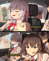 1boy 2girls absurdres ahoge alisa_mikhailovna_kujou bow bowtie breasts brown_hair car_interior closed_eyes closed_mouth crying doyagao english_text grey_hair hair_between_eyes hair_ribbon highres holding_hands jacket khyle. kuze_masachika large_breasts long_hair multiple_girls open_mouth red_ribbon ribbon school_uniform seiren_academy_school_uniform shirt smug streaming_tears suou_yuki tareme tears tokidoki_bosotto_roshia-go_de_dereru_tonari_no_alya-san tsurime