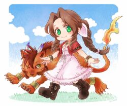 Rule 34 | 1boy, 1girl, aerith gainsborough, bangle, beads, boots, bracelet, braid, braided ponytail, brown footwear, brown hair, buttons, chibi, choker, closed mouth, cloud, cloudy sky, cropped jacket, dress, facial mark, feather hair ornament, feathers, final fantasy, final fantasy vii, final fantasy vii rebirth, final fantasy vii remake, flame-tipped tail, flower choker, full body, grass, green eyes, hachidori, hair beads, hair ornament, hair ribbon, jacket, jewelry, light blush, long dress, long hair, looking at viewer, orange fur, outdoors, outstretched arms, parted bangs, pink dress, pink ribbon, red hair, red jacket, red xiii, ribbon, scar, scar across eye, short sleeves, sidelocks, single braid, sky, smile, twitter username, walking, yellow eyes