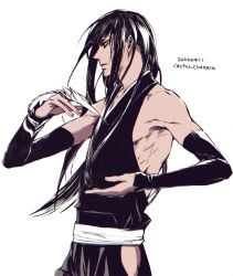 Rule 34 | 1boy, backless outfit, bare shoulders, black hair, bleach, claw ring, cosplay, cowboy shot, csanaca, dated, detached sleeves, from side, hakama, halterneck, hand up, harrison dirk, higeki no genkyou tonaru saikyou gedou last boss joou wa tami no tame ni tsukushimasu, highres, hip vent, japanese clothes, long hair, male focus, profile, sash, simple background, sketch, solo, sui-feng, sui-feng (cosplay), toned, toned male, twitter username, white background