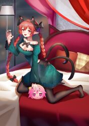 Rule 34 | 1girl, absurdres, animal ears, black bow, black nails, black pantyhose, bow, braid, cat ears, cat tail, commentary request, dress, extra ears, full body, fumo (doll), green dress, hair bow, highres, indoors, kaenbyou rin, komeiji satori, lamp, long hair, long sleeves, multiple tails, nekomata, off-shoulder dress, off shoulder, pantyhose, pillow, pointy ears, qinyuzhen, red eyes, red hair, side braids, solo, tail, touhou, twin braids, two tails