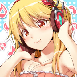 Rule 34 | 1girl, bare shoulders, blonde hair, character request, chobipero, headphones, long hair, lowres, musical note, red eyes, smile, solo