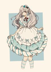 Rule 34 | 1girl, apron, blue background, blue dress, blue ribbon, blue socks, blush, breasts, closed mouth, cropped legs, dot nose, dress, frilled apron, frills, grey hair, grid background, hair ribbon, highres, idolmaster, idolmaster shiny colors, layered dress, long hair, looking at viewer, medium breasts, neck ribbon, outstretched arms, pigeon-toed, puffy short sleeves, puffy sleeves, purple eyes, red ribbon, ribbon, short sleeves, sidelocks, simple background, skirt hold, smile, socks, solo, striped clothes, striped ribbon, striped socks, teteraraforest, twintails, two-tone background, white apron, white background, yukoku kiriko
