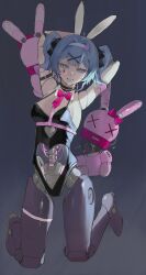 Rule 34 | 1girl, android, animal ears, arms behind back, arms up, black leotard, black ribbon, blue eyes, blue hair, blunt bangs, blush, bow, bowtie, cable, clothing cutout, cutout above navel, detached collar, doll joints, fake animal ears, fake tail, grin, hair ornament, hair ribbon, hairband, hairclip, hatsune miku, head tilt, heart, heart-shaped pupils, heart cutout, highleg, highleg leotard, highres, joints, leotard, light blue hair, looking at viewer, mecha, mechanical arms, mechanical legs, mechanical spine, multicolored hair, necktie, non-humanoid robot, pink bow, pink bowtie, pink necktie, pink pupils, playboy bunny, rabbit ears, rabbit hair ornament, rabbit hole (vocaloid), ribbon, robot, robot animal, robot joints, sfsaltfish, short necktie, short twintails, smile, solo, stomach cutout, strapless, strapless leotard, streaked hair, super robot, symbol-shaped pupils, tail, teardrop facial mark, thigh strap, twintails, vocaloid, white hairband, wire, x hair ornament, x x