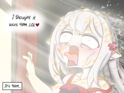 Rule 34 | 1girl, arknights, bare arms, bare shoulders, black dress, blush, braid, collarbone, commentary, crown braid, curtains, dress, english commentary, english text, fangs, grey hair, guin guin, long hair, open mouth, sleeveless, sleeveless dress, solo, strap slip, sunlight, surprised, tongue, tongue out, upper body, vampire, warfarin (arknights), wide-eyed, window