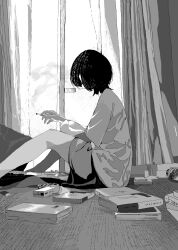 Rule 34 | 1girl, bob cut, book, cigarette, facing away, from side, greyscale, highres, holding, holding cigarette, knees up, kyohai 9, monochrome, on floor, open window, original, shirt, short hair, shorts, sitting, smoke, smoking, solo, tatami, window