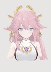 Rule 34 | 1girl, absurdres, breasts, closed mouth, cropped torso, dress, genshin impact, hair ornament, highres, japanese clothes, long hair, looking at viewer, miko, pink hair, purple eyes, solo, upper body, wh1te, white background, white dress, yae miko