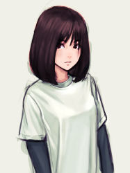 Rule 34 | 1girl, black shirt, black undershirt, bob cut, breasts, brown eyes, brown hair, commentary, english commentary, expressionless, fashion, hair over eyes, highres, jungon kim, long sleeves, looking at viewer, medium breasts, medium hair, original, parted lips, shirt, short sleeves, simple background, solo, t-shirt, upper body, white background, white shirt
