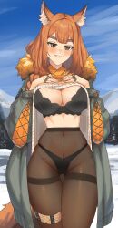 Rule 34 | 1girl, absurdres, animal ears, arknights, black bra, black panties, blue sky, blush, bra, breasts, brown eyes, brown hair, cloud, coat, commentary request, cowboy shot, day, grey coat, grin, hands on own chest, highres, large breasts, long hair, long sleeves, looking at viewer, open clothes, open coat, panties, panties under pantyhose, pantyhose, radioneet, ratatos browntail (arknights), sky, smile, solo, standing, thighband pantyhose, thighs, underwear
