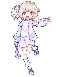 Rule 34 | 1girl, :d, blonde hair, chibi, commentary, frilled jacket, frills, full body, highres, hololive, hololive dev is, ishida aya, jacket, long sleeves, looking at viewer, mixed-language commentary, open mouth, purple eyes, shirt, short hair, shorts, simple background, smile, socks, solo, standing, standing on one leg, todoroki hajime, twitter username, two side up, virtual youtuber, white background, white jacket, white shirt, white shorts, white sneakers, white socks