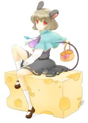 Rule 34 | 1girl, animal ears, bad id, bad pixiv id, basket, cheese, chiko (gugugu), female focus, food, full body, grey hair, jewelry, mouse ears, mouse tail, nazrin, pendant, red eyes, shoes, short hair, sitting, socks, solo, tail, touhou, white background