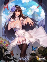 Rule 34 | 1girl, adapted costume, banner, black hair, black thighhighs, blue sky, breasts, bug, butterfly, c.honey, cleavage, cleavage cutout, clock, clock tower, clothing cutout, cloud, day, dress, flower, girls&#039; frontline, gloves, hair flower, hair ornament, highres, insect, jewelry, large breasts, md5 mismatch, resolution mismatch, ring, rose, single glove, sky, source larger, thighhighs, tower, twitter username, type 95 (girls&#039; frontline), wedding band, wedding dress, white gloves, yellow eyes