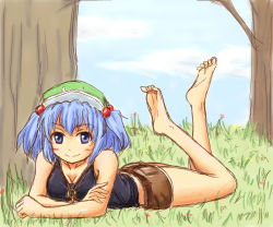 Rule 34 | 1girl, arm support, barefoot, benishouga, benishouga (honhonda), blue eyes, blue hair, blush, braid, breasts, casual, cleavage, feet, female focus, grass, hair bobbles, hair ornament, hat, kawashiro nitori, key, legs up, lying, matching hair/eyes, medium breasts, nature, on stomach, outdoors, shorts, sketch, smile, soles, solo, tank top, the pose, toe scrunch, toes, touhou, tree, twin braids, two side up