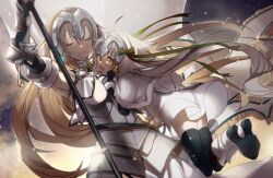 Rule 34 | 2girls, arm up, armor, armored boots, armored dress, bell, black gloves, black thighhighs, blonde hair, blush, boots, bow, breast curtains, breasts, capelet, chain, closed eyes, collar, dress, elbow gloves, fate/apocrypha, fate/grand order, fate (series), faulds, flag, fur-trimmed capelet, fur trim, gauntlets, gloves, grey hair, hair bow, headpiece, jeanne d&#039;arc (fate), jeanne d&#039;arc (ruler) (fate), jeanne d&#039;arc alter santa lily (fate), jingle bell, knee boots, large breasts, long hair, metal collar, multiple girls, no-kan, plackart, polearm, ponytail, ribbon, short dress, small breasts, smile, striped bow, striped ribbon, thighhighs, very long hair, weapon, white capelet, white dress, yellow eyes