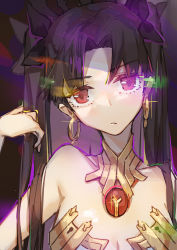 Rule 34 | absurdres, bare arms, bare shoulders, black hair, black ribbon, breasts, choker, cleavage, closed mouth, commentary request, dark background, dress, earrings, expressionless, eyebrows, fate/grand order, fate (series), gem, gold dress, hair over shoulder, hair ribbon, hand in own hair, head tilt, highres, ishtar (fate), jewelry, kotatsu kaya, looking at viewer, medium breasts, multicolored background, necklace, red eyes, ribbon, solo, tohsaka rin, twintails