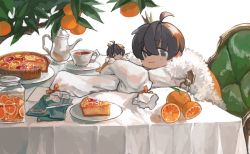 Rule 34 | 2boys, absurdres, ahoge, black eyes, black hair, bow, chair, commentary request, crown, cup, fatalbug896, feather boa, food, fork, fruit, hair between eyes, highres, leaning on table, long sleeves, looking at viewer, male focus, mini crown, mini person, miniboy, multiple boys, napkin, orange (fruit), orange bow, orange slice, orange tree, original, shirt, simple background, sitting, sleeve bow, sleeves past fingers, sleeves past wrists, smile, sweets, table, tablecloth, tart (food), teacup, teapot, tied sleeves, tree, white background, white shirt